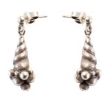Pair of Georg Jensen silver cornucopia earrings, length of each earring approx. 22mm, stamped to
