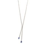 Sapphire and diamond set 18ct white gold lasso drop necklace , two mixed cut oval blue sapphires