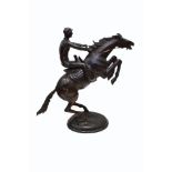 After Paul Gayrard, contemporary metal ware model of jockey on rearing horse 82cm tall For condition