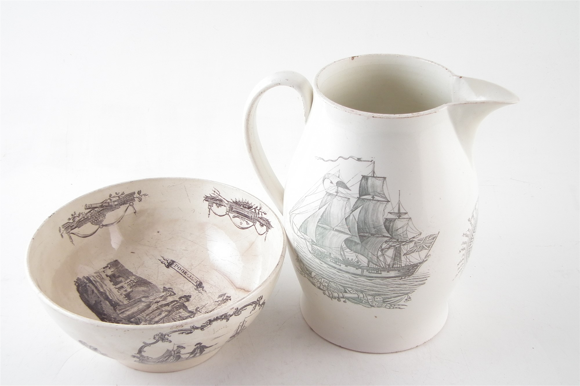 Creamware jug circa 1800, printed with ‘Jack Spritsail’s Frolic, the reverse with a tall ship, - Image 2 of 8