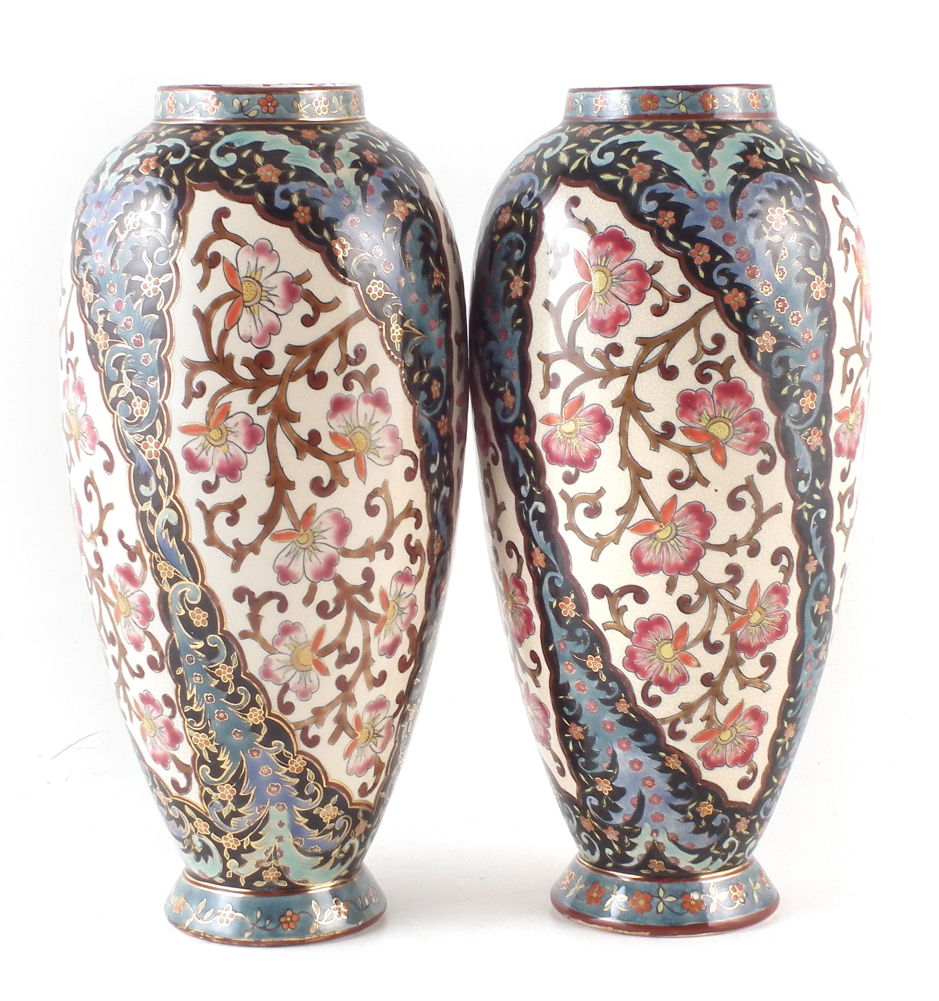 Pair of Fischer vases, decorated with densely scrolling floral patterns, impressed and printed marks - Image 2 of 6