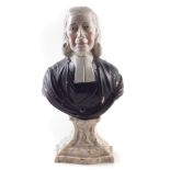 Staffordshire bust of Reverend John Wesley, modelled on marbled plinth, mid 19 th century, 30cm high