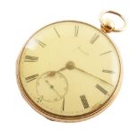 Arnold and Frodsham 18ct gold pocket watch , enamel dial, subsidiary seconds, brass 3/4 plate, key