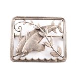 Georg Jensen silver double dolphin brooch , measuring approx. 37mm x 31mm, pin and safety loop