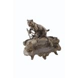 A 19th century French pewter inkstand, signed Bossu. Depicting a bull mastiff chained to a fence.