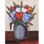 David Barnes (1943-), "Red and Blue Flowers", signed and titled on verso, oil on board, 39.5 x 29.