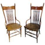 Two oak and elm Arts & Crafts design single chairs, each with seven spindles to back, solid seat,
