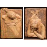 Jean Fenton, 20th century, Female nude studies, monogrammed, sculpted ceramic tiles, a pair, each 23