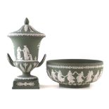 Wedgwood lidded Jasperware campana vase and a Dancing Hours bowl, decorated with figures on a