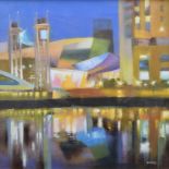 Jamie Wood, 20th century, "Salford Quays", signed, acrylic on canvas, 39.5 x 39.5cm.; 15.5 x 15.5in.