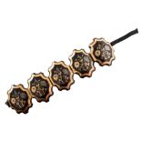 Victorian five panel tortoishell piquet work bracelet , the five panels comprising gold and silver