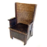 Orkney child's chair, stained pine with straw back, arms with closed panel beneath solid seat,