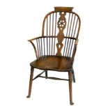 Mid 19th century ash and elm wheel-back Windsor chair, top hoop with headrest above pierced splat,