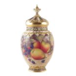 Royal Worcester lidded vase signed H. Ayrton , painted with fallen fruit within moulded gilt