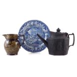Black basalt Nelson commemorative teapot circa 1805, with hinged cover, moulded with a portrait of