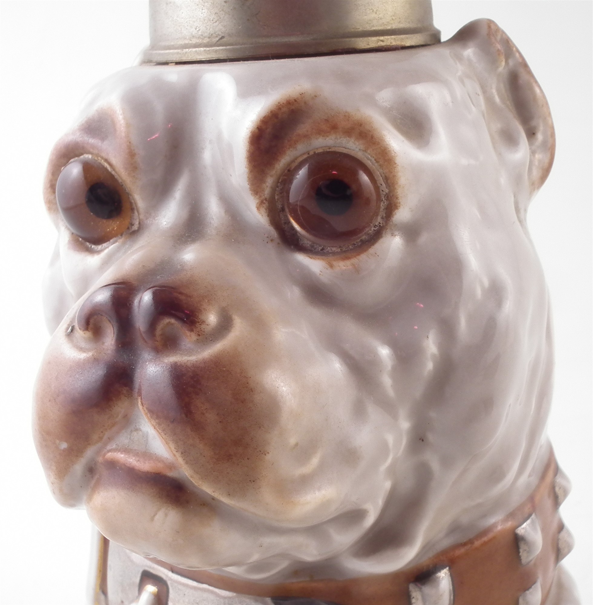 Continental porcelain dog head oil lamp base, fitted with glass eyes, late 19th century, 23cm high - Image 4 of 5