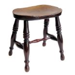 Victorian stool, elm dish seat of oval shape supported on fruit-wood turned legs united by "H"