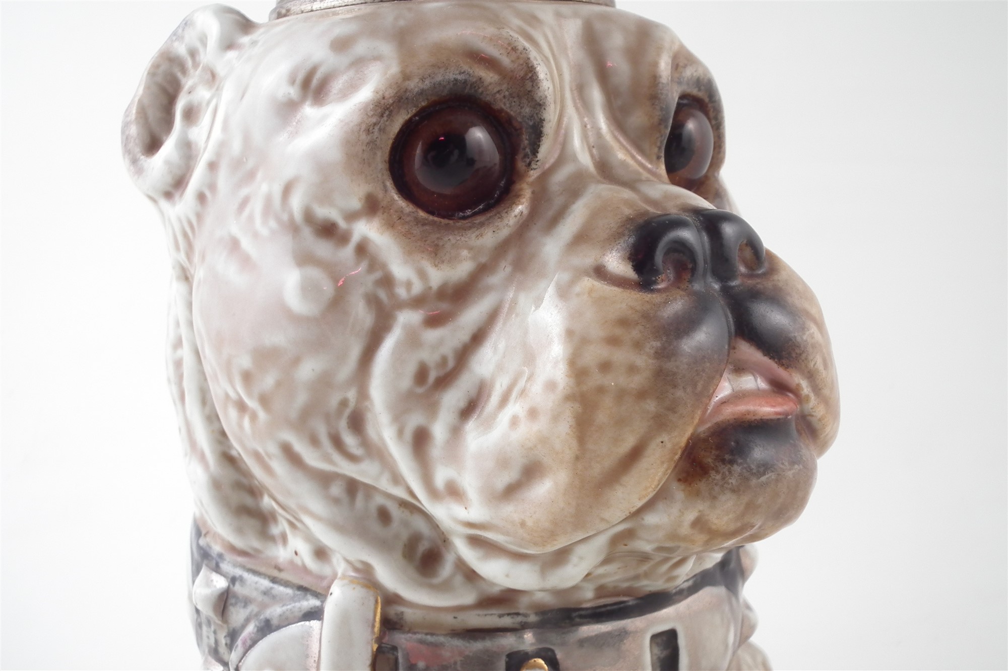 Continental porcelain dog head oil lamp base, fitted with glass eyes, late 19th century, 23.5cm high - Image 3 of 6