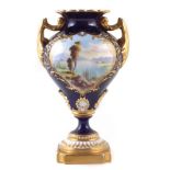 Royal Worcester twin handled vase, painted with landscapes probably by Harry Davies, within gilt