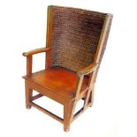 Late 19th century painted pine child's Orkney chair, straw back, open arms, solid seat,