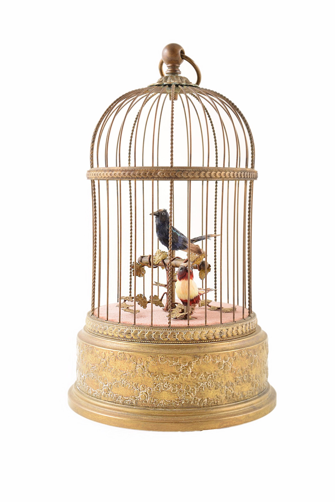 A Reuge Music Voliere de la Cour, Singing Birds in birdcage. The antique style cage with two