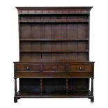 George III oak North Wales dresser, top section with original wire-work wrought hooks, three fixed