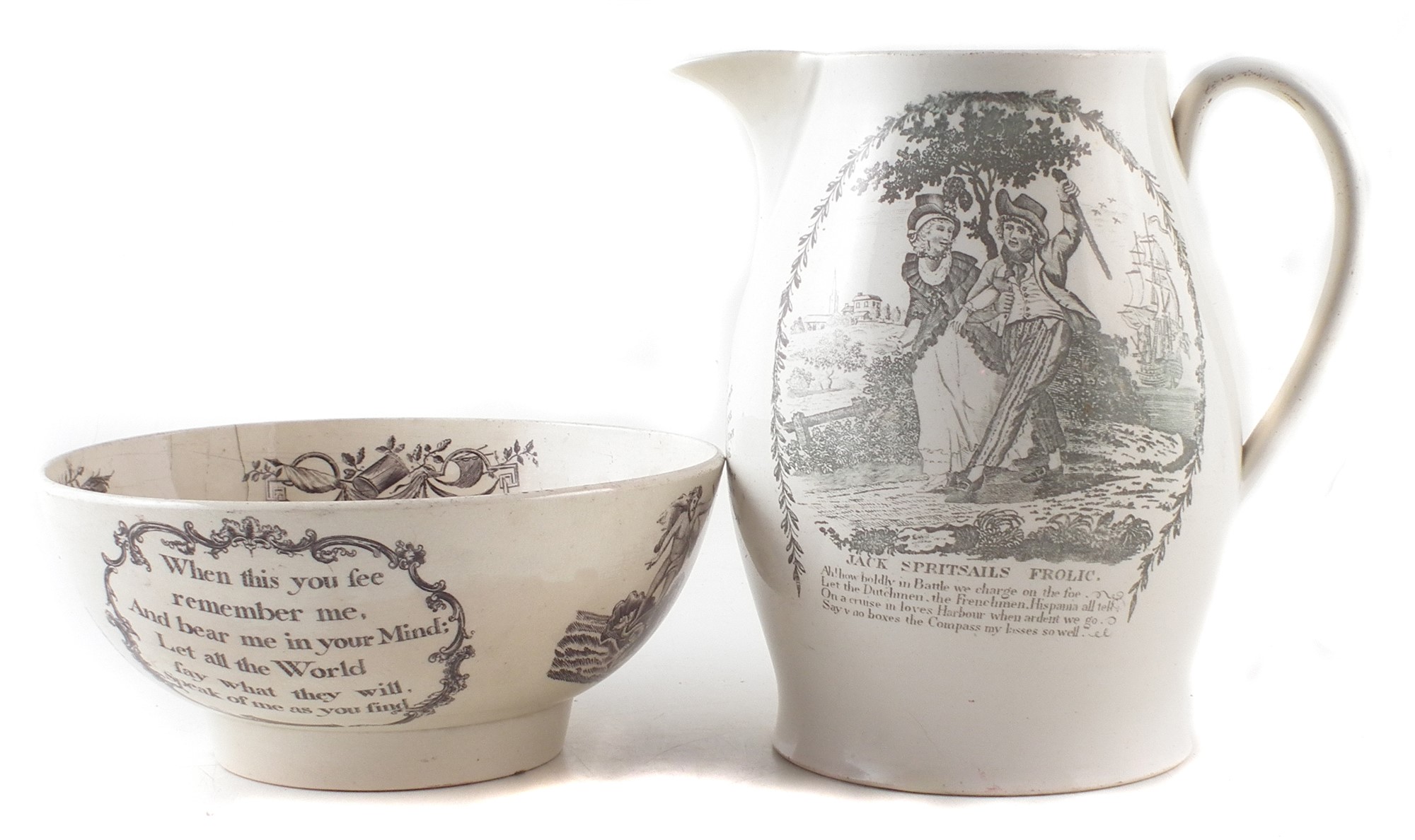 Creamware jug circa 1800, printed with ‘Jack Spritsail’s Frolic, the reverse with a tall ship,