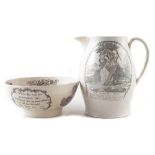 Creamware jug circa 1800, printed with ‘Jack Spritsail’s Frolic, the reverse with a tall ship,