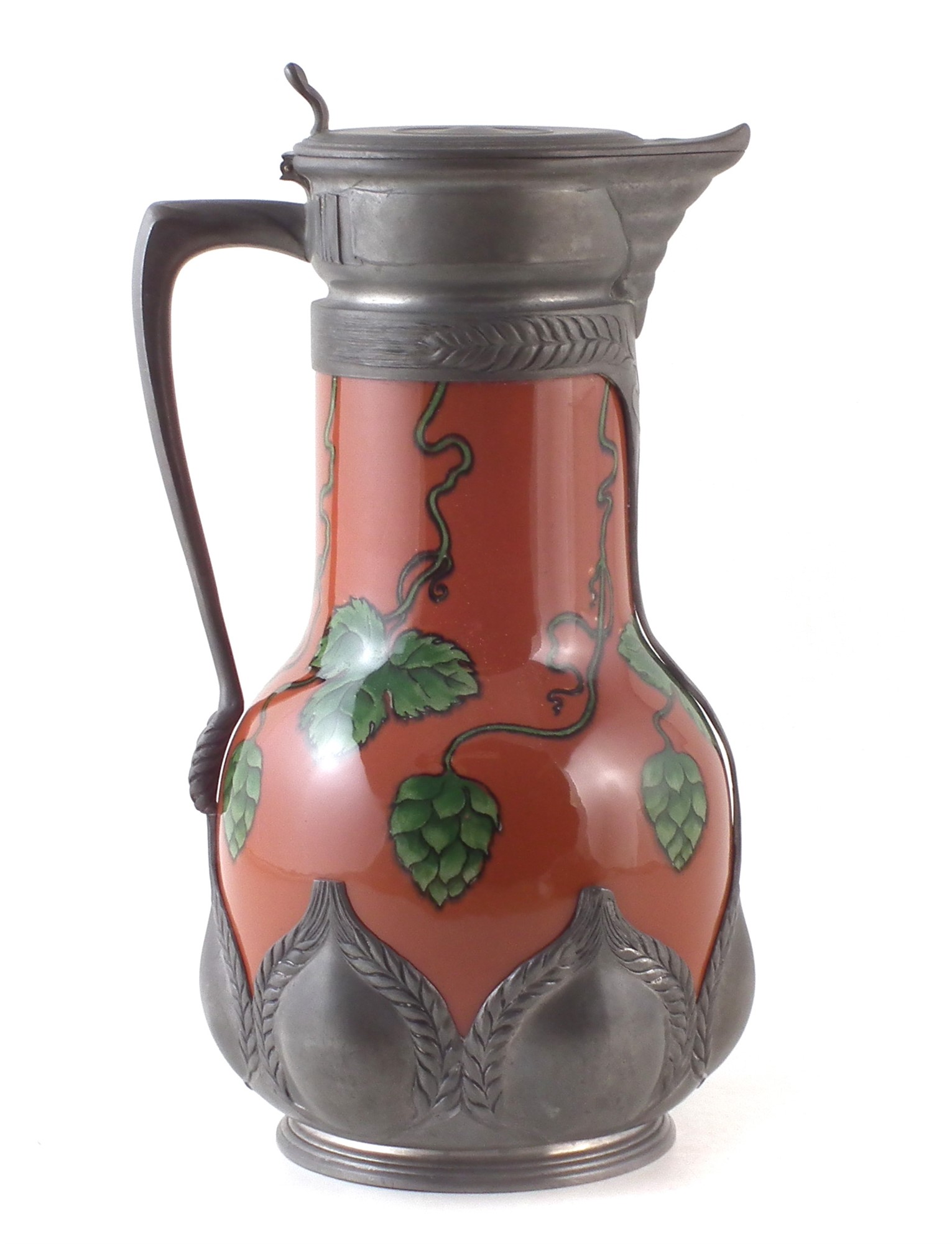 Villeroy and Boch orivit pewter beer jug circa 1900 , decorated with hops, the pewter mount