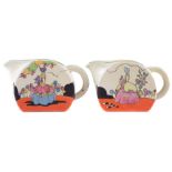 Two Clarice Cliff Stamford shape jugs, decorated with Applique Crinoline Lady pattern, (2) 6.5cm