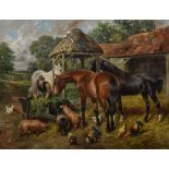 John Frederick Herring Jnr. (1815-1907), Farmyard scene with figure, horses, pigs and chickens,