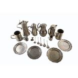 Pewter collection comprising; four lobed side plates, five tappit hens, two tankards, a measure