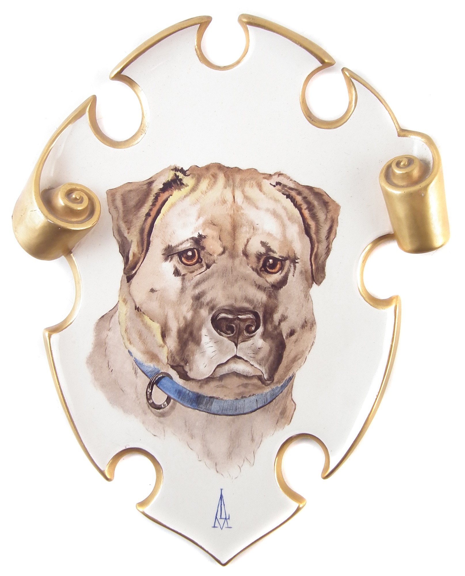 Pottery wall plaque hand painted with a Mastiff dog ,with scroll moulded border, monogrammed AL, - Image 2 of 5