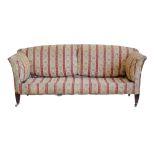 Late 19th century upholstered sofa, sprung seat, back and arms, two loose feather filled cushions,