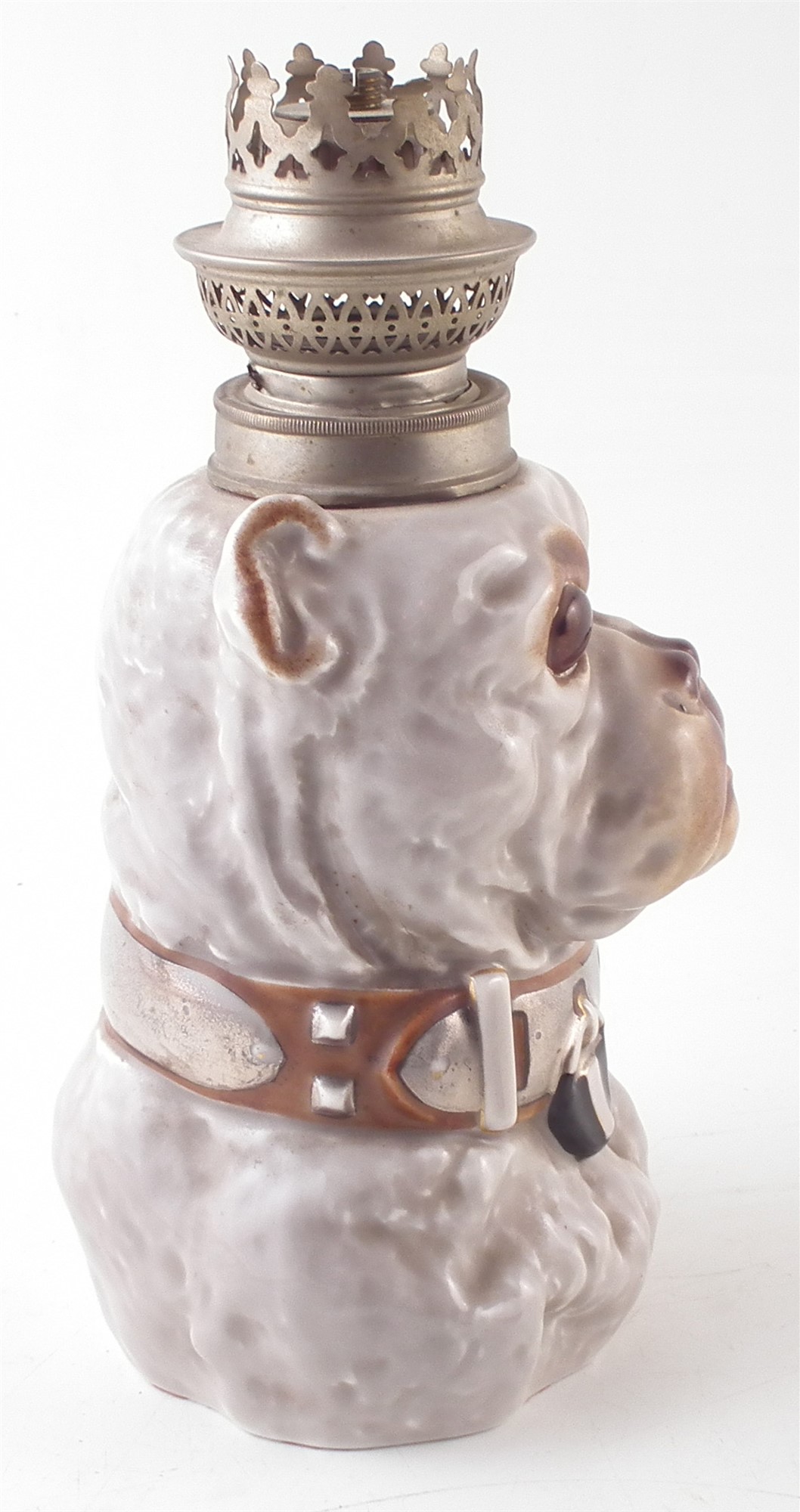 Continental porcelain dog head oil lamp base, fitted with glass eyes, late 19th century, 23cm high - Image 2 of 5