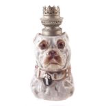 Continental porcelain dog head oil lamp base, fitted with glass eyes, late 19th century, 23cm high