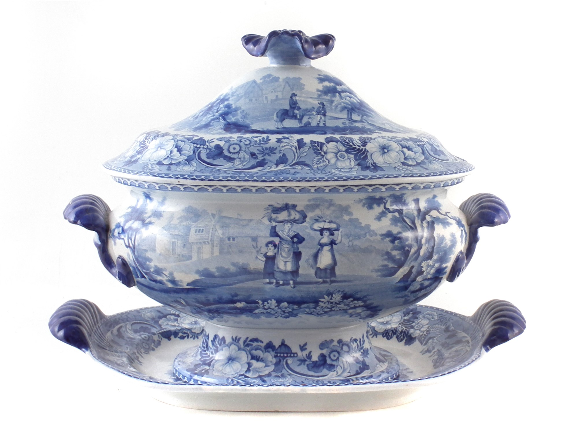 Bathwell and Goodfellow blue transfer tureen and cover with similar stand, printed with Rural