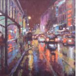 David Farren (1972-), "Heavy Rain Reflections, Deansgate", signed, titled on verso, oil on board,