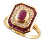 Ruby and diamond 18ct gold cluster ring , the central mixed cut oval ruby measuring approx. 4mm x