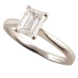 Diamond solitaire platinum ring , the 1.00 carat emerald cut diamond 4-claw set to plain polished