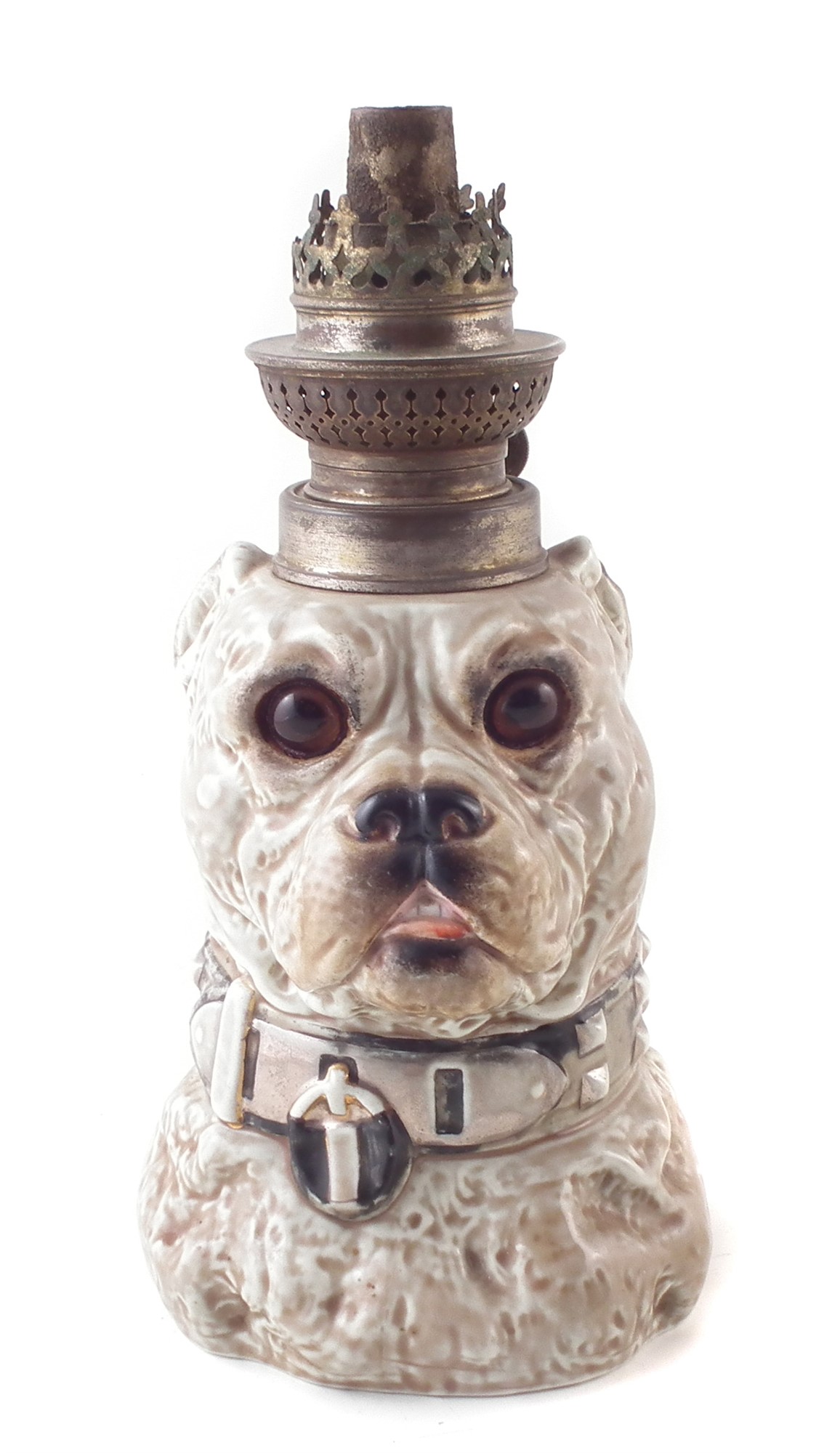 Continental porcelain dog head oil lamp base, fitted with glass eyes, late 19th century, 23.5cm high