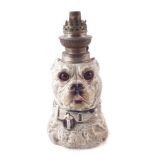 Continental porcelain dog head oil lamp base, fitted with glass eyes, late 19th century, 23.5cm high