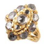 Diamond marquise shaped cluster French gold ring, total of 11 rose cut diamonds, total diamond