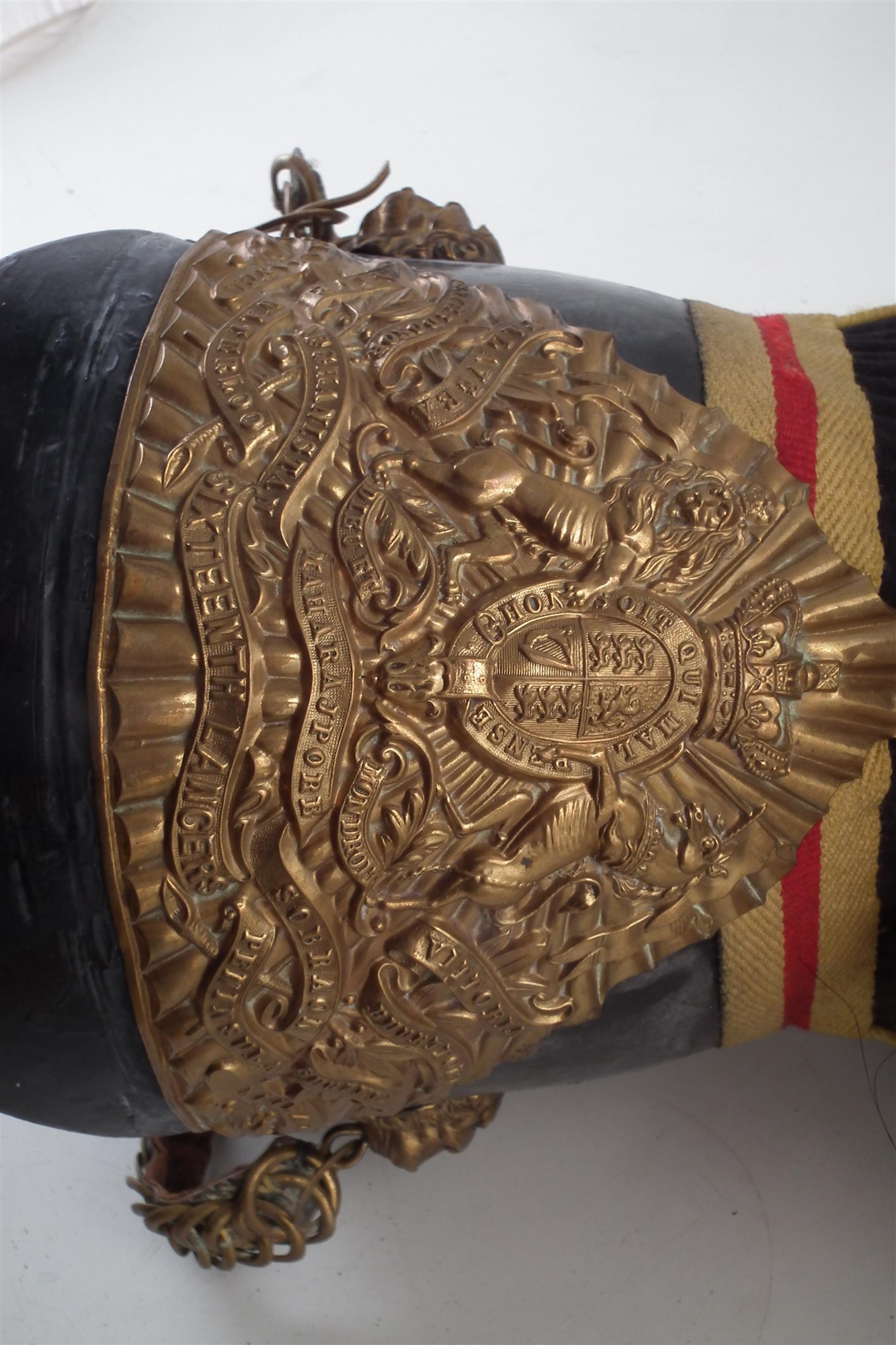 Sixteenth Lancers chapska helmet or lance cap , with elaborate front plate, below reeding and yellow - Image 3 of 12