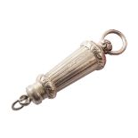 Victorian silver whistle , in a silver reeded case brooch, tapered cylindrical form, loop and pin