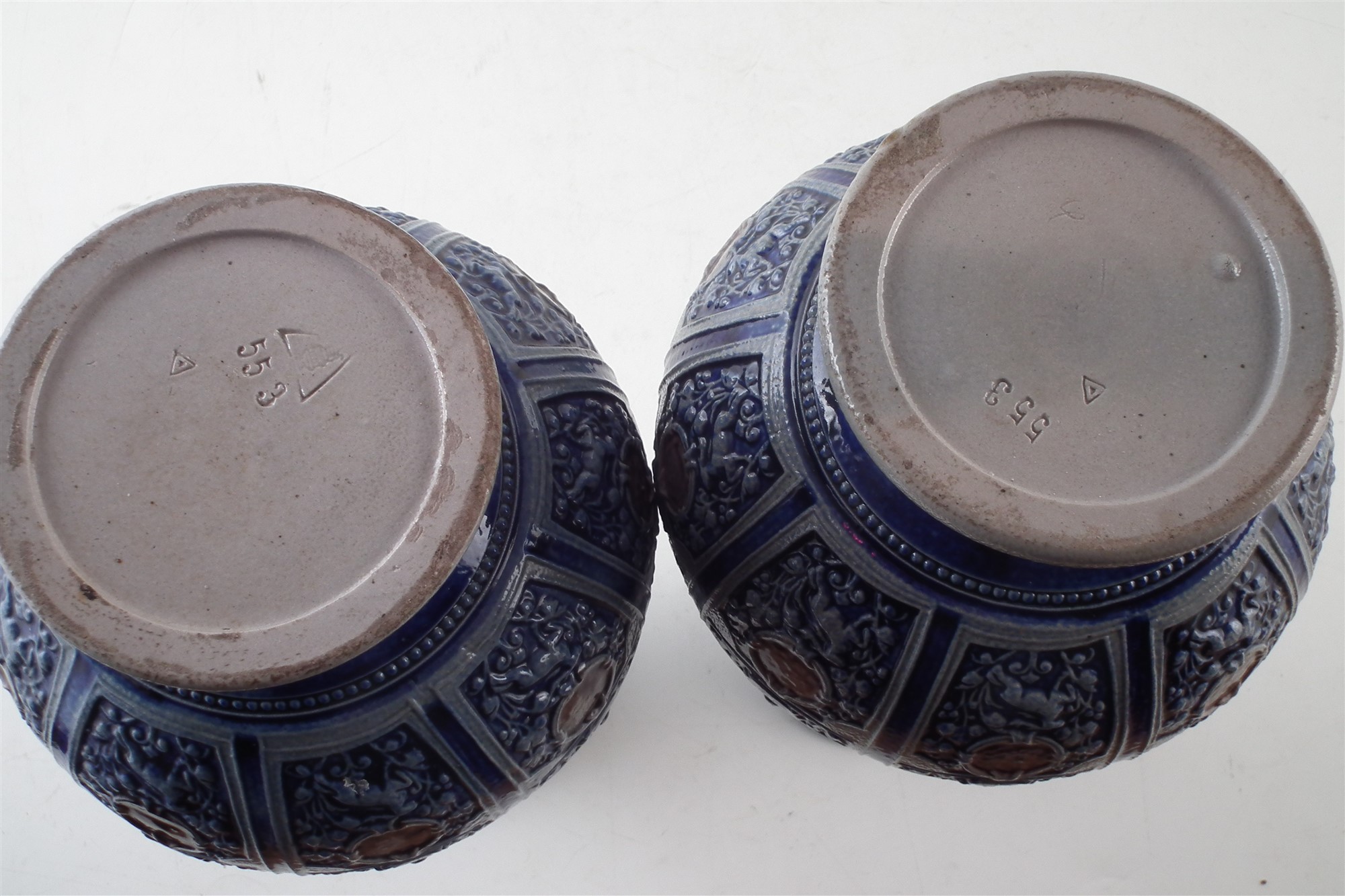 Pair of German stoneware vases by Simon Peter Getz Westwald circa 1890 , with moulded bodies - Image 4 of 4