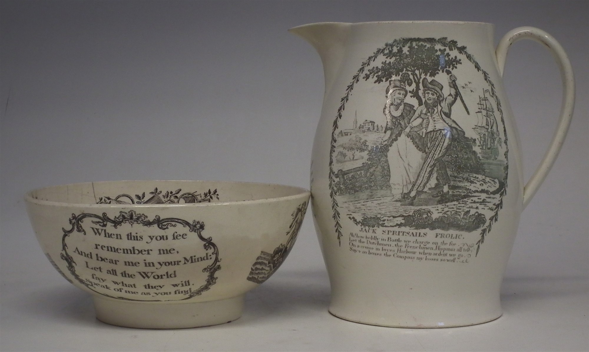 Creamware jug circa 1800, printed with ‘Jack Spritsail’s Frolic, the reverse with a tall ship, - Image 7 of 8