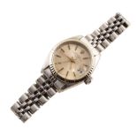 Lady's Rolex Oyster Perpetual Date steel bracelet watch , round silver tone dial with baton