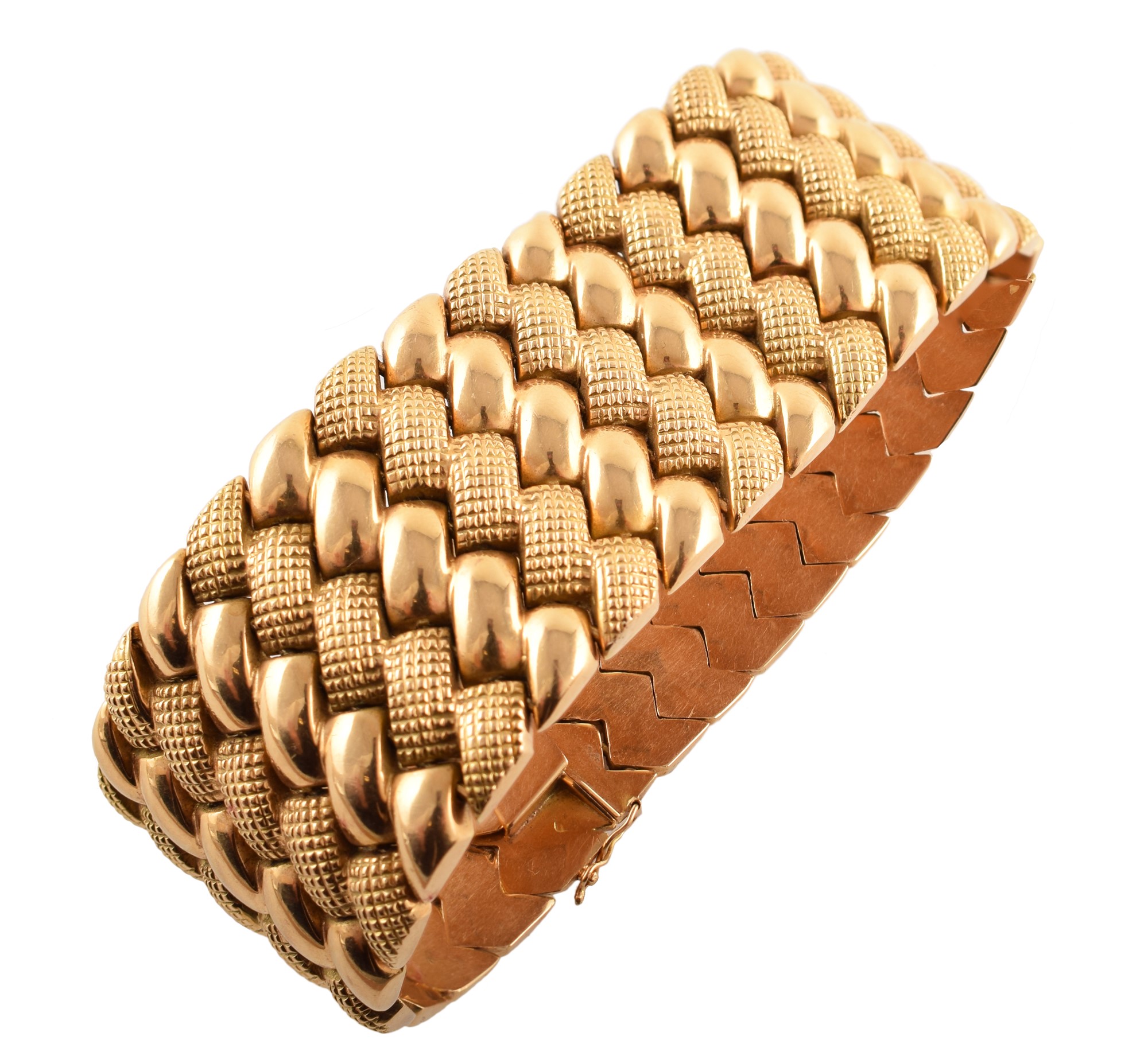 18ct continental gold cuff bracelet , zig-zag polished and hobnail pattern alternating links, tongue