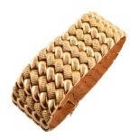 18ct continental gold cuff bracelet , zig-zag polished and hobnail pattern alternating links, tongue